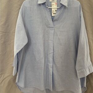 Uniqlo Blue Linen Skipper Collar Shirt - NWT